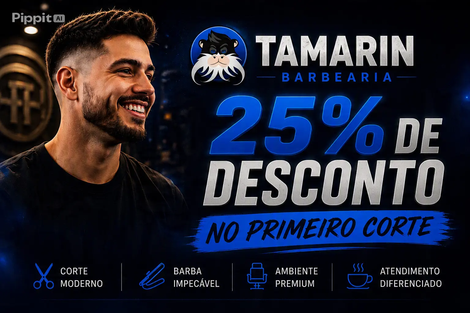 Banner Tamarin Barbearia com 25% de desconto no primeiro corte