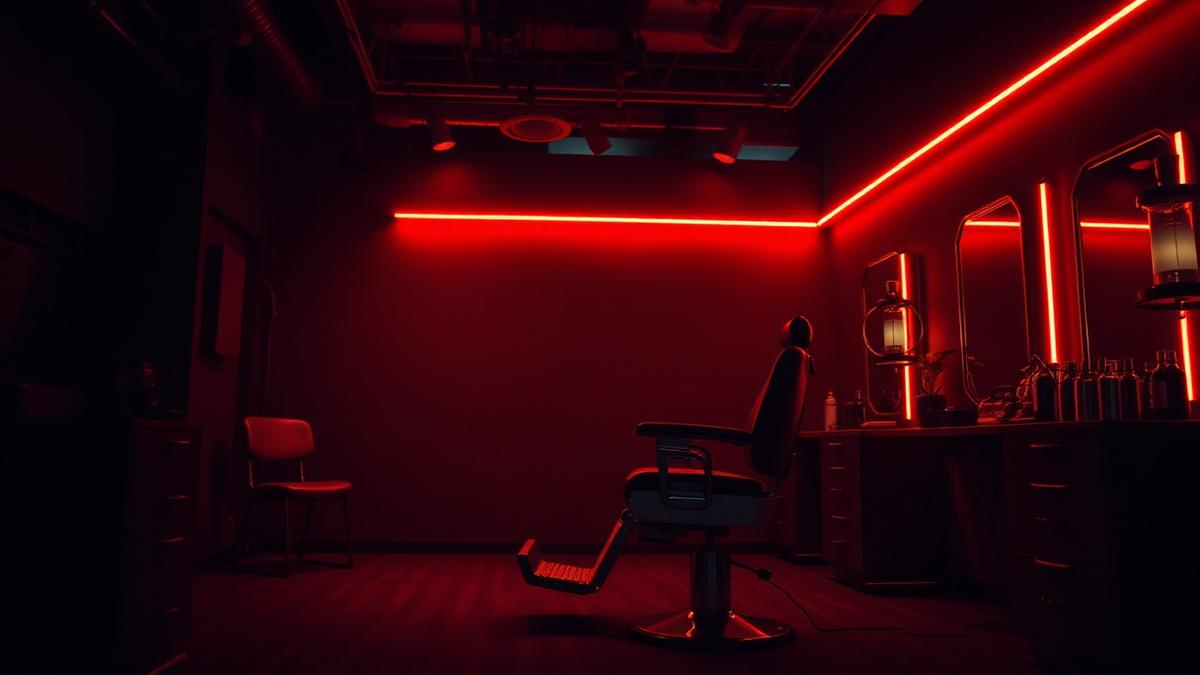Interior de barbearia com iluminação vermelha cinematográfica