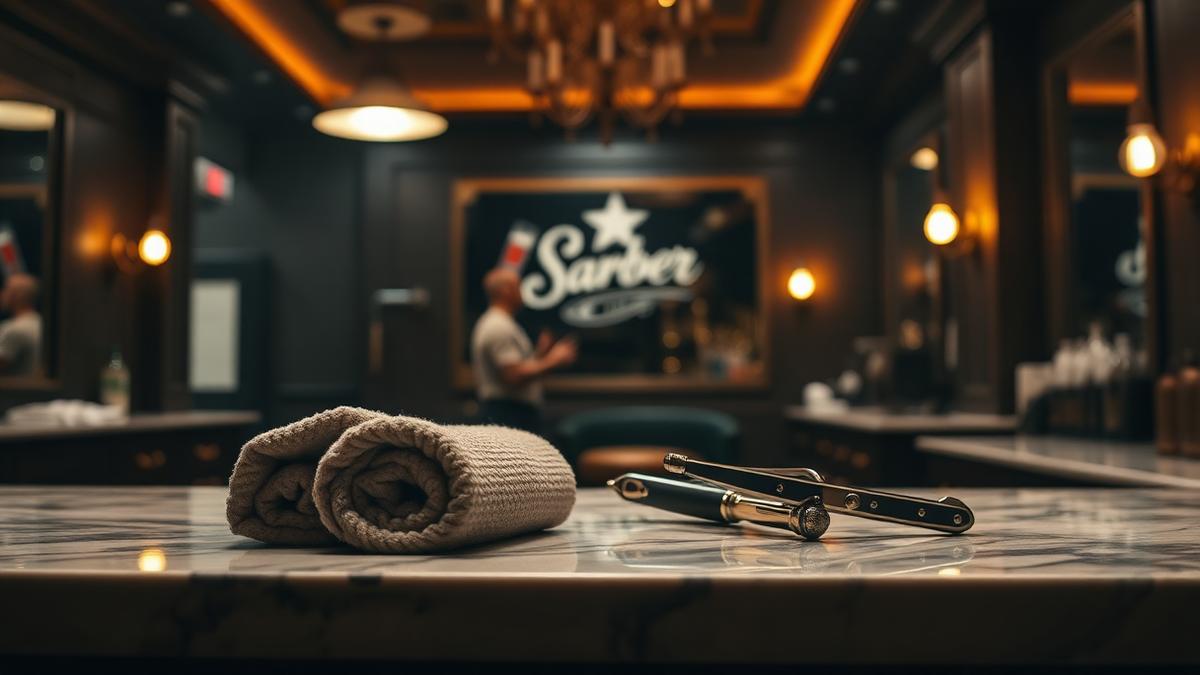 Balcão de mármore de barbearia premium com navalha e toalhas